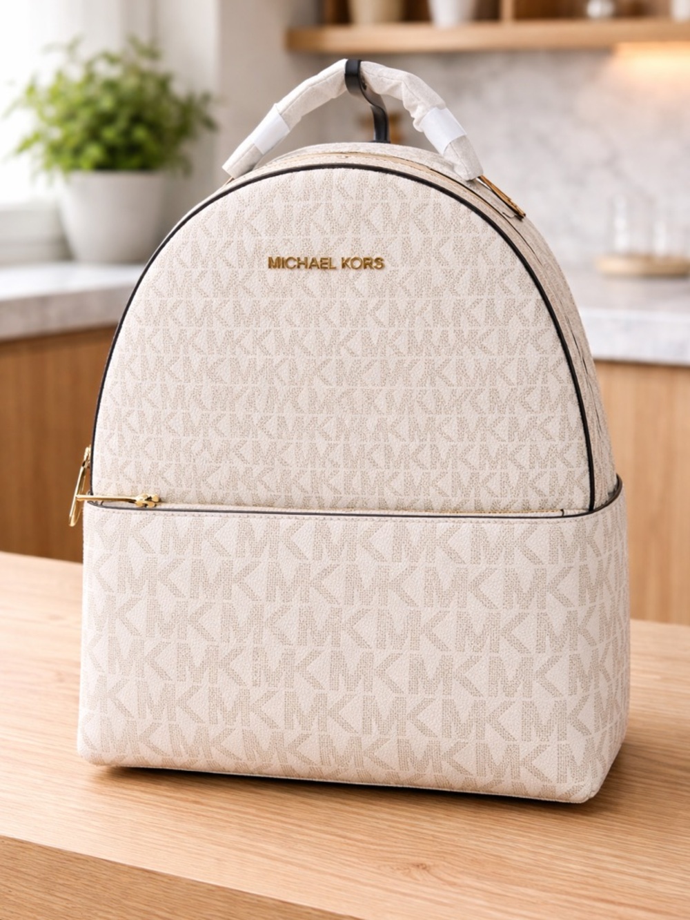 Michael Kors Beige Signature Dome Backpack with Gold Hardware